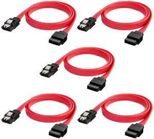 Vszerda SATA III Cable, [5-Pack] 18-inch SATA III 6.0 Gbps 7pin Female to Female Data Cable with Locking Latch, Red