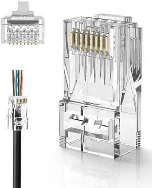 Vszerda RJ45 Pass Through Connectors, 50-Pack Cat6/Cat5e Gold Plated Modular Plug Unshielded Crimp Connector for Solid or Stranded UTP Ethernet Cable
