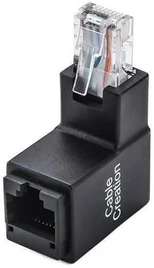 Right-Angle Ethernet Adapter - Cat5e/Cat6 RJ45 90° & 270° Up/Down Angled Connector (Female to Male) for Space-Saving Network Setups
