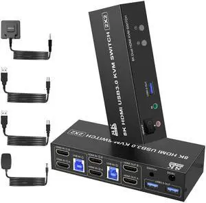 Vszerda 8K@60Hz USB3.0 Dual Monitor HDMI KVM Switch 2Port, HDMI KVM Switch for 2Monitors 2Computers with USB3.0 Ports, Extended Display Switcher with Audio Microphone, PC Monitor Keyboard Mouse Switch