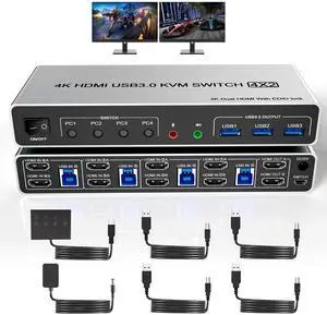 Vszerda USB 3.0 HDMI KVM Switch Dual Monitors 4 Computers, Supports EDID, 4K@60Hz KVM Switch HDMI 2 Monitor 4 PC with Audio Microphone and 3 USB 3.0 Ports, 4 Port Dual HDMI Monitor Switch for 4PC