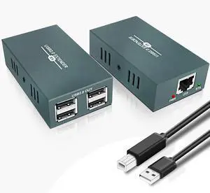 USB Extender Over Ethernet RJ45 LAN Extension, with 4 USB 2.0 Ports, Transmit 50m/165ft Over Ethernet Cat5/5e/6/7, Support Power Over Cable, Play and Plug, No Driver Required