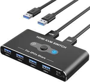 BUCIER KVM Switch, KVM Switch 1 Monitors 2 Computers, HDMI Switch, 4K@60Hz KVM Switches for 2 Computers Sharing 1 Monitor, 4 USB 3.0 Devices Such as Keyboard, Mouse, Printer, Scanner