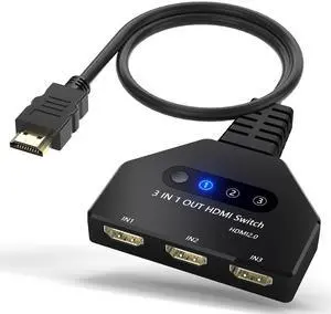 HDMI Switch, HDMI Splitter 3 in 1 Out 4K@60Hz, 3-Port Switcher Selector with Pigtail Cable, Multi-Port Hub Supports 3D, HDCP2.2, HDR Compatible with Laptop, Xbox, Blu-Ray Player, Etc.