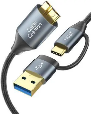 USB C Hard Drive Cable 1FT, 5Gbps USB A/C to Micro B, Compatible With iPhone 15 Plus/15 Pro Max, WD, External Hard Drive, and Camera, Grey