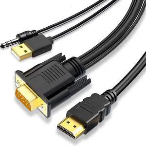VGA to HDMI Adapter Cable 6FT, VGA (Source) to HDMI (Display) Cable with Audio & USB Power, 1080P@60Hz Display Cord from Desktop PC Laptop to TV Monitor Projector