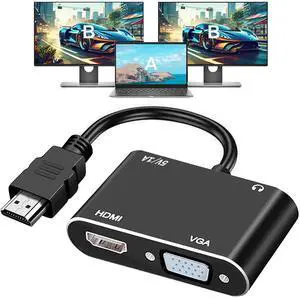 Vszerda HDMI to VGA+HDMI Adapter for Dual Monitor, HDMI to VGA & HDMI Splitter 2-in-1,1080P@60HZ Full HD Display Video Converter Compaitble with Windows/Mac Os/Linux, Plug & Play