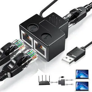 RJ45 Ethernet Splitter 1 to 2, Mini Gigabit Network Ethernet Switch with USB Power Cable, CAT 5/6/7/8 Network Cable (Support Two Devices Online at The Same Time)