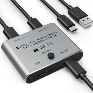 8K USB C Switch, Bi-Directional USB-C KVM Switcher, Supports 8K@60Hz/4K@144Hz Video, 100W Power Delivery and 10Gbps Data Transfer with Power Cable