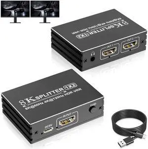8K HDMI Splitter 1 in 2 Out - HDMI 2.1 Splitter, HDMI Splitter 1×2 Support 1 HDMI Source to 2 Displays, 8K 4K HDMI Splitter Dual Monitors Duplicate EDID UHD HDR VRR for Xbox PS5/4/3 TV