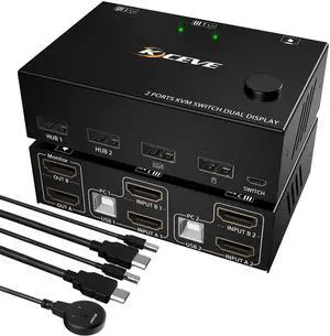 KVM Switch 2 Computers 2 Monitors, 4K@30Hz Dual Monitor HDMI USB 2.0 PC Switcher for 2 Coputers Share Keyboard Mouse and Monitor, Support Copy and Extended Display