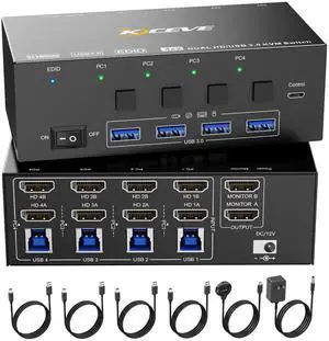 KVM Switch 2 Monitors 4 Computers HDMI,  8K@60Hz, 4K@144 Hz USB 3.0 KVM Switcher Box with EDID Emulator for 4 Computers Share Mouse Keyboard and Monitor, Stable Chip, Great Compatibility