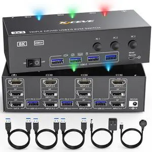 8K KVM Switch 3 Monitors 3 Computers HDMI + DisplayPort, USB 3.0 DP KVM Switcher, 8K@30Hz/4k@144Hz Triple Monitor DP KVM for 3 PC Share 3 Display and 4 USB 3.0 Devices