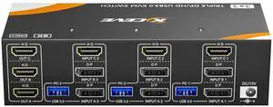 USB 3.0 KVM Switch 3 Monitors 3 Computers Displayport HDMI, Triple Monitor KVM Switch 8K@60Hz 4K@144Hz for 3 Computers Share Mouse Keyboard, Wired Remote and Power Adapter