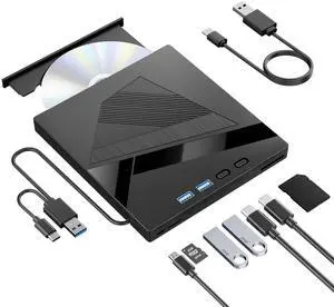 Vszerda External DVD Drive, 7-in-1 External CD/DVD Drive for Laptop, USB DVD Burner with SD/TF Port, USB 3.0&Type-C CD ROM External Drive for Laptop Desktop PC Windows XP/7/8/10 Linux MacOS