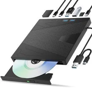 Vszerda External CD/DVD Drive for Laptop, 7-in-1 DVD Drive for Laptop USB 3.0 & Type-C Portable CD Burner External Disk Drive Optical Compatible with Latptop PC Windows XP/7/8/10, Linux MacOS