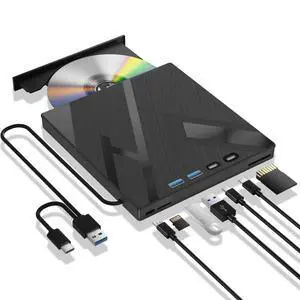 Vszerda 7 in 1 External Blu Ray Drive, External Blueray/DVD Drive for PC with SD/TF Port Blu Ray Burner, Support 100G Disc R/W for PC External Blu Ray Drive for Windows Linux MacOS Laptop Desktop