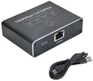 Vszerda Gigabit Ethernet Splitter 1 to 4 - Network Splitter with USB Power Cable, RJ45 Internet Splitter Adapter 1000Mbps High Speed for Cat 5/5e/6/7/8 Cable [4 Devices Networked Simultaneously]