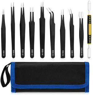 Vszerda 10 PCS Precision Tweezers Set, Stainless Steel ESD Anti-Static Tweezers Kit for Electronics Soldering, Jewelry-Making, Laboratory & Crafts - Includes Storage Bag