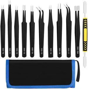 Vszerda 11 PCS Precision Tweezers Set, ESD Tweezers Set, Premium Craft Tweezers Kit, Anti-Static Stainless Steel Tweezers with Tweezer Storage Bag for Lab, Electronics, Jewelry, Laboratory Work, DIY