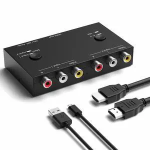 Vszerda 2 RCA to HDMI, 1080P 2 Way RCA Composite CVBS AV Switch to HDMI Video Audio Converter Adapter Supporting 4:3/16:9, for PC Laptop Xbox PS2 PS3 N64 NGC SNES WII VHS VCR Camera DVD