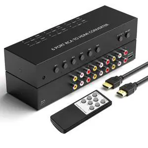 Vszerda 6 Way RCA to HDMI Converter 1080P/720P RCA Composite CVBS AV Switch to HDMI Converter Adapter Support 4:3/16:9 Switch for Sega Xbox PS1 PS2 PS3 N64 NGC SNES WII VHS VCR Camera DVD