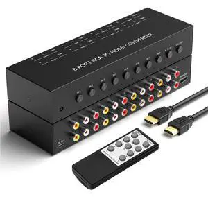 8 Port RCA to HDMI Converter 1080P/720P RCA Composite CVBS AV Switch to HDMI Converter Adapter Support 4:3/16:9 Switch, for Sega Xbox PS1 PS2 PS3 N64 NGC SNES WII VHS VCR Camera DVD(With Remote