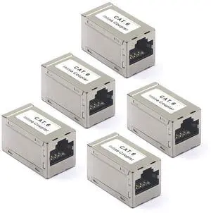 Vszerda RJ45 Coupler Shielded, Ethernet Cable Extender CAT6/CAT5E/CAT5 Inline Coupler PoE Female to Female Connector in Silver, 5-Pack