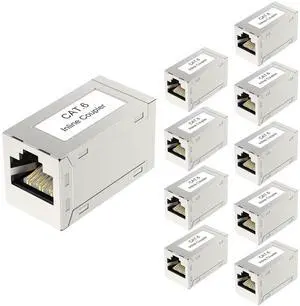 Vszerda RJ45 Cat6 Coupler Shielded 10-Pack, Ethernet Cable Extender CAT6/CAT5E/CAT5 Inline Coupler PoE Female to Female Connector in Silver