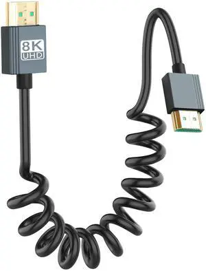 Vszerda 8K HDMI Coiled Cable, Ultra HD High Speed HDMI to HDMI Coiled Cable 2.1 Support 8K 4K 3D and Dynamic HDR Up to 48Gbps, Compatible with TV, PC,Camera Monitors Projector ect 3FT/0.9M