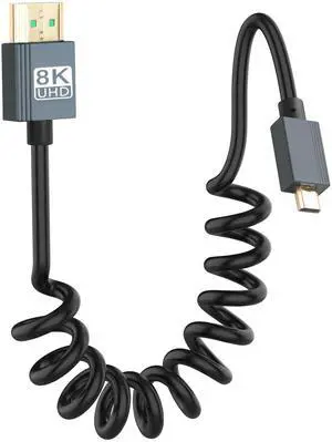 Vszerda 8K Micro HDMI to HDMI Cable, Ultra HD High Speed HDMI to Micro HDMI Coiled Cable 2.1 Support 8K 4K 3D and Dynamic HDR Up to 48Gbps, Compatible with Laptop Camera Monitor ect 3FT/0.9M