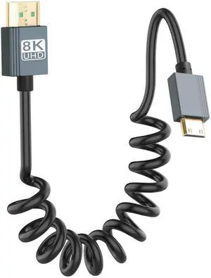 Vszerda 8K Mini HDMI to HDMI Cable, Ultra HD High Speed HDMI to Mini HDMI Coiled Cable 2.1 Support 8K 4K 3D and Dynamic HDR Up to 48Gbps, Compatible with TV, PC,Camera Monitors Projector ect 3FT/0.9M