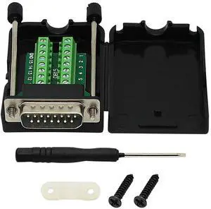 Vszerda DB15 Breakout Connector, DB15 D-SUB Male Solderless Serial to DB15 Screw Wiring Terminal Module Signal Breakout PCB Board with Plastic Case & Screws Long Bolt (Black) (MB)