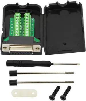 Vszerda DB15 Breakout Connector, DB15 D-SUB Female Solderless Serial to Screw Wiring Terminal Signal Module Breakout PCB Board with Plastic Case & Screws Long Bolt (Black) (FB)