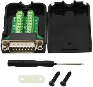 Vszerda DB15 Breakout Connector - DB15 Screw Wiring Terminal Signal Module Breakout PCB Board with Plastic Case & Nuts (Black) (MN)