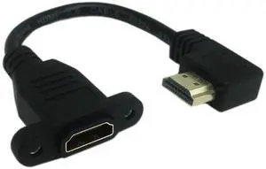 Vszerda 15cm 6inch High Speed HDMI 2.0 Right Angle HDMI Male to Female Extension Cable with Screw Hole Panel Mount Support 4K 60Hz Resolution for Blu Ray Player, 3D TV (Black) (R)