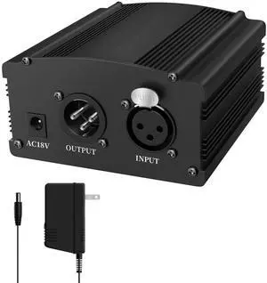 Vszerda 48V Phantom Power Supply, 1-Channel Design with Adapter, Compatible with Any Condenser Microphones, Ideal for Professional Music Recording and Studio Use, Black
