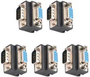 Vszerda DB15 90 Degree VGA 15 Pin Adapter (5 Pack), D sub 15 Nickel Coated Connector Right Angle Male to Female VGA 15 Pin Adapter Coupler Converter