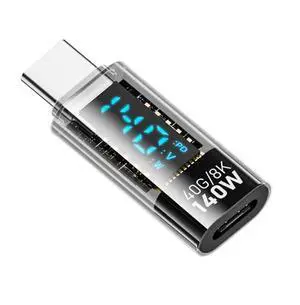 Vszerda Adapter Transparent Type-C Smart LED Display USB-C Male to Female Extension Adapter USB4.0 40Gbps 140W Current Voltage Monitoring Tester Detector
