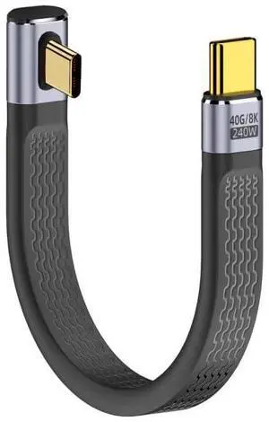 Vszerda USB 4.0 Cable 240W USB4 Power Type-C USB-C Male to Male USB4 Low Profile Angled 40Gbps 100W 8K Flat Slim FPC Data Cable 13cm