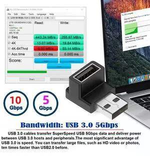 Vszerda 10Gbps USB3.0 Male to Female Extension Power Data Video Adapter 90 Degree Down Angled Type