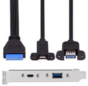 Vszerda Cable USB3.0 Motherboard 19/20Pin to USB-C Type-C & USB 3.0 Dual Ports Female PCI-E Back Panel 5Gbps Cable