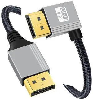 Vszerda Right Angled DisplayPort DP to DP Cable 4K 60hz Cable Silver Sleeve Ultra-HD UHD 90 Degree for Desktop Laptop Monitor Graphics Card (100cm)