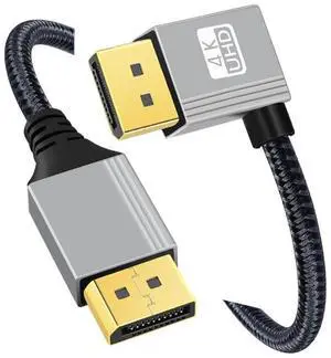 Vszerda Left Angled DisplayPort DP to DP Cable 4K 60hz Cable Silver Sleeve Ultra-HD UHD 90 Degree for Desktop Laptop Monitor Graphics Card (100cm)
