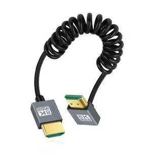 Vszerda Cable HDMI 2.1 Male to HDMI Male 8K 60hz Stretch Coiled Cable Up Angled 90 Degree for HDTV Computer Laptop Monitor