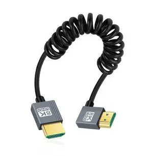 Vszerda Cable HDMI 2.1 Male to HDMI Male 8K 60hz Stretch Coiled Cable Right Angled 90 Degree for HDTV Computer Laptop Monitor
