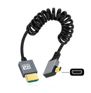 Vszerda Cable Micro HDMI 2.1 Male to HDMI Male 8K 60hz Stretch Coiled Cable Right Angled 90 Degree for HDTV Camera Laptop Monitor