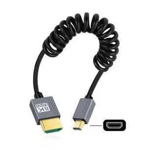 Vszerda Cable Micro HDMI 2.1 Male to HDMI Male 8K 60hz Stretch Coiled Cable for HDTV Camera Laptop Monitor (100cm)