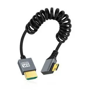 Vszerda Cable Mini HDMI 2.1 Male to HDMI Male 8K 60hz Stretch Coiled Cable Left Angled 90 Degree for HDTV Computer Laptop Monitor