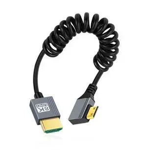 Vszerda Cable Mini HDMI 2.1 Male to HDMI Male 8K 60hz Stretch Coiled Cable Right Angled 90 Degree for HDTV Computer Laptop Monitor